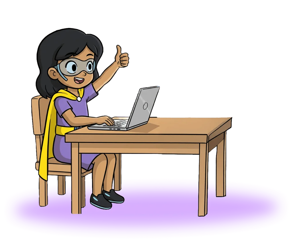 Captain Diginaut at a desk working on a laptop